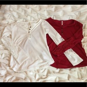 Two LUCKY long sleeve shirts with lace arm detail